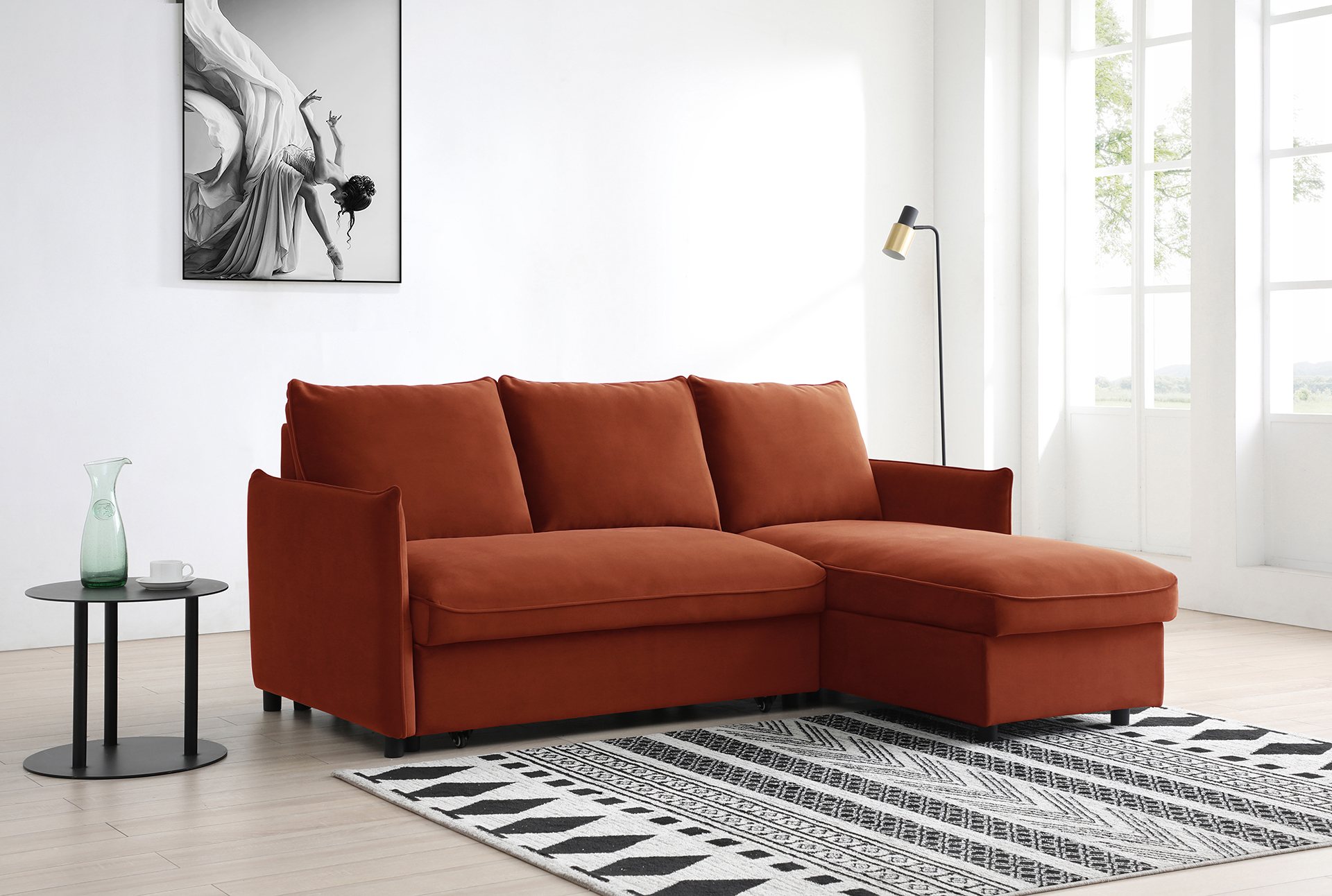 Deans Furnishers - Upholstery - Blaire Corner Sofa Bed Burnt Orange Velvet